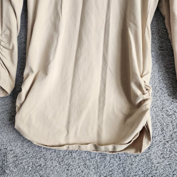 PLANET BY LAUREN G WOMENS TOP SIZE 1 (4/8) SAND COTTON LYCRA LONG SLEEVE RUCHE - Picture 4 of 10